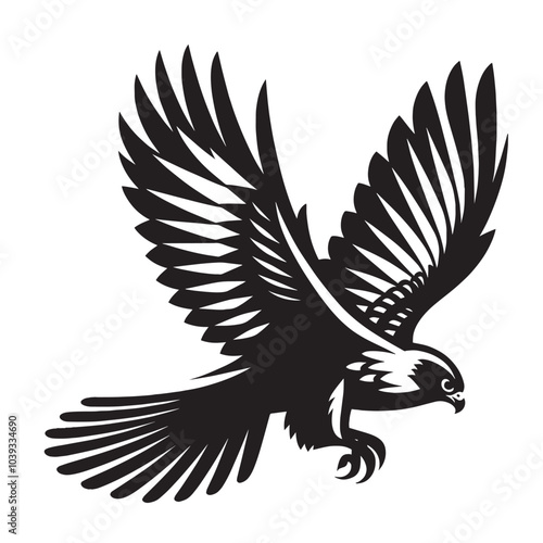 Black and white illustration of a falcon in flight with its wings spread wide.