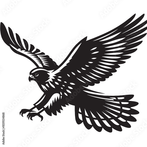 Black and white illustration of a falcon in flight with its wings spread. photo