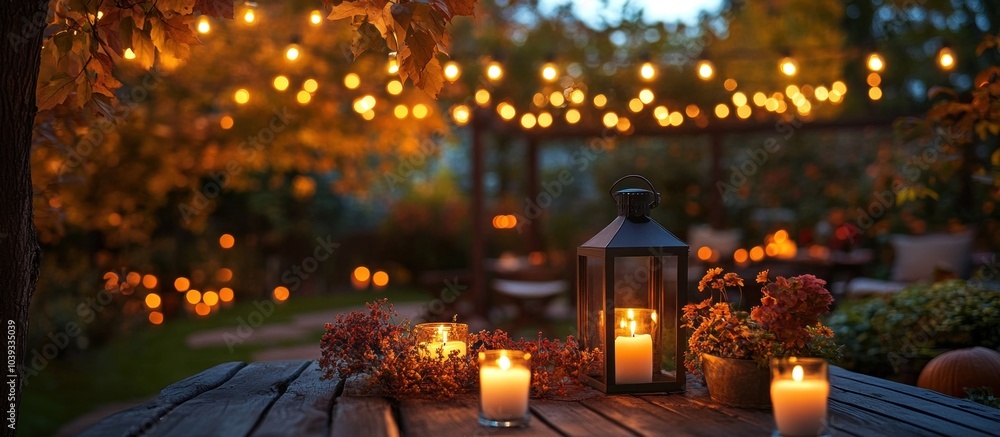 Warm evening lights and candles illuminate a wooden table in a backyard setting. Warm evening lights and candles illuminate a wooden table in a backyard setting.
