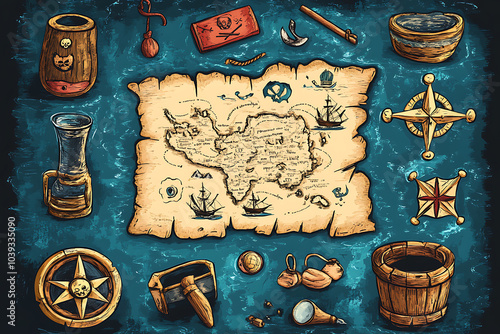 A treasure map surrounded by nautical tools and symbols, suggesting adventure and exploration.