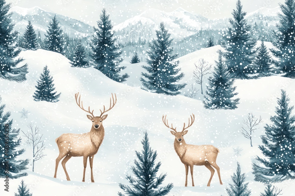 Continuous winter-themed pattern with snow-covered landscapes, pine trees, and stag silhouettes. Continuous winter-themed pattern with snow-covered landscapes, pine trees, and stag silhouettes.