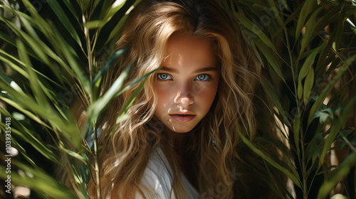 portrait of a beautiful girl with green leaves photo