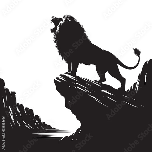 Black and white illustration of a roaring lion standing on a cliff.