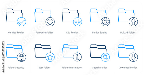 A set of 10 folder icons as verified folder, favorite folder, add folder