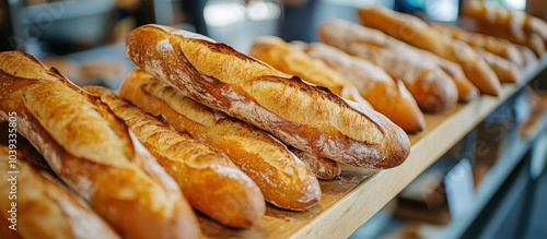 Freshly baked baguettes displayed on a wooden counter, ready for sale.