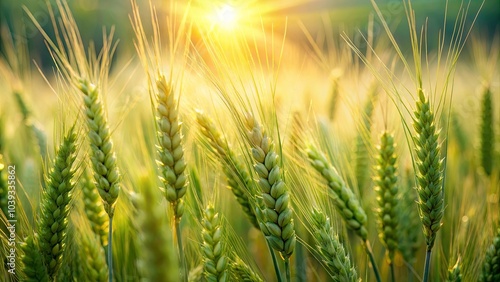 A field of vibrant green wheat stalks bathed in the golden glow of the setting sun, a testament to the beauty and bounty of nature's harvest.