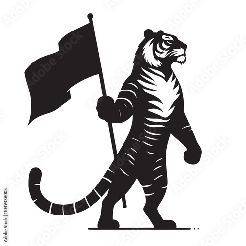 Black and white illustration of a tiger holding a flag.