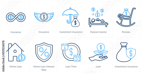A set of 10 insurance icons as insurance, investment insurance, passive income