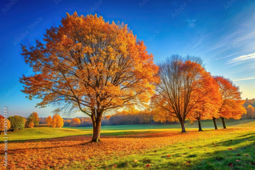 Autumn landscape with changing leaves and bare trees against a clear blue sky, autumn, nature Autumn landscape with changing leaves and bare trees against a clear blue sky, autumn, nature