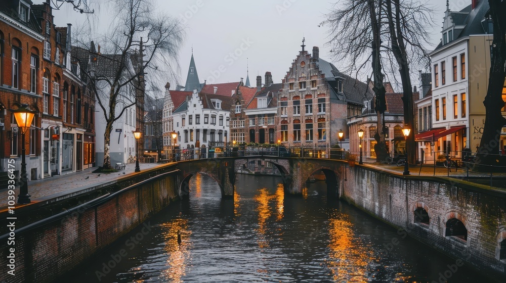 Fototapeta premium Romantic Bridge View Over Canal in Europe