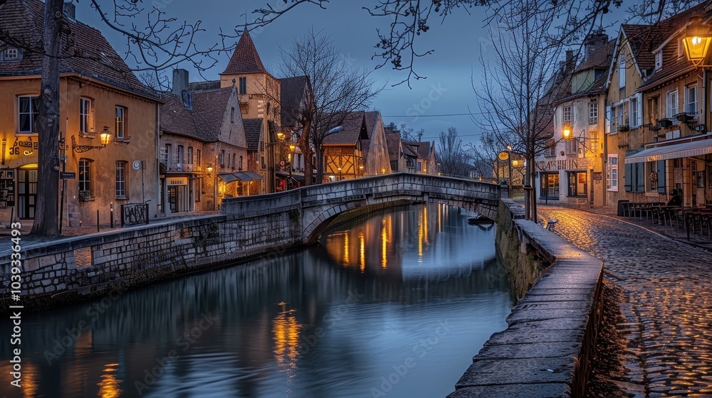 Fototapeta premium Romantic Bridge View Over Canal at Dusk