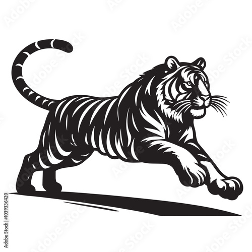 Black and white illustration of a tiger leaping.