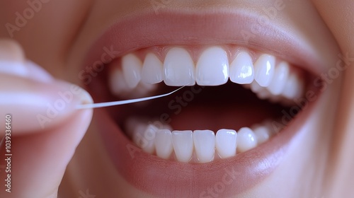 Close-up of a person flossing their teeth for dental hygiene.