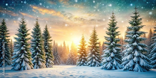 Wallpaper Mural A warm snow-covered forest with tall evergreen trees and a few snowflakes falling from the sky, serene landscape, winter scenery Torontodigital.ca