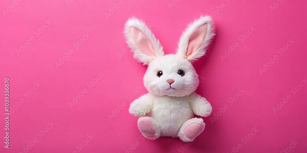 A cuddly white bunny with pink ears sits on a vibrant pink surface, inviting a playful touch. A cuddly white bunny with pink ears sits on a vibrant pink surface, inviting a playful touch.