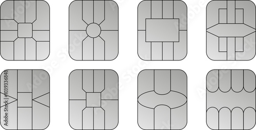 EMV chip silver vector icons. Contactless payment at terminals and ATMs. Square computer microchips for credit debit cards. Set line nfc symbol. 