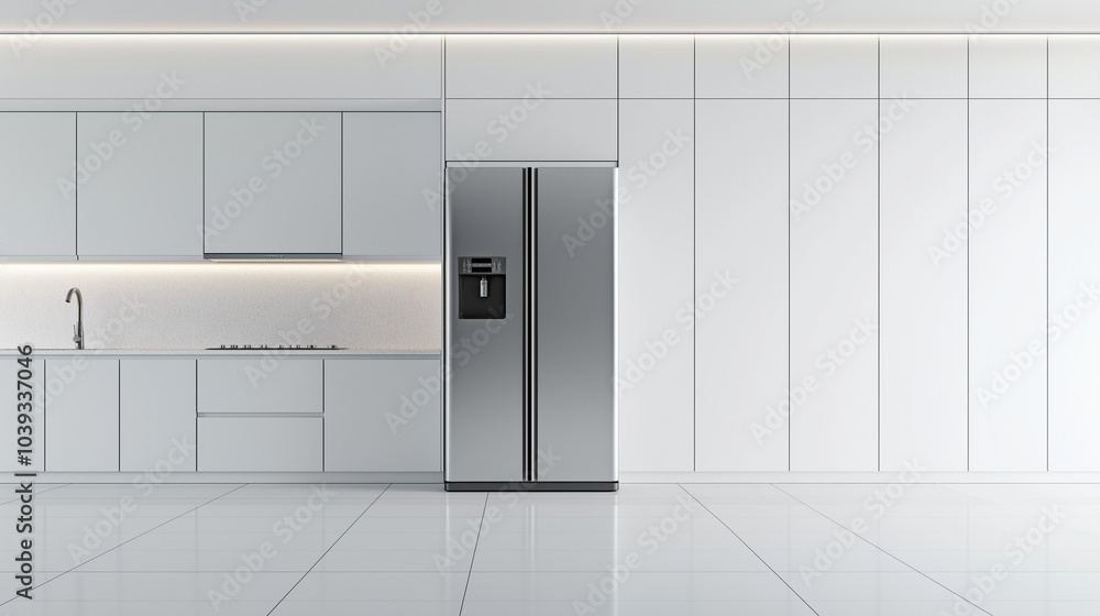 Minimalist White Kitchen With Simply Cabinets And Refrigerator Minimalist White Kitchen With Simply Cabinets And Refrigerator