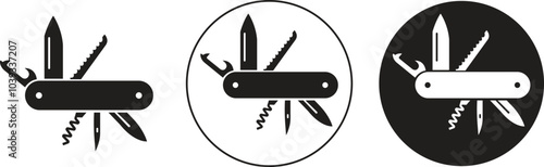 Swiss folding knife flat icons Set. Army multitool jack knife instrument signs. Camping and multifunction pocket knife symbols isolated on transparent background. Camping mascot expedition equipment.