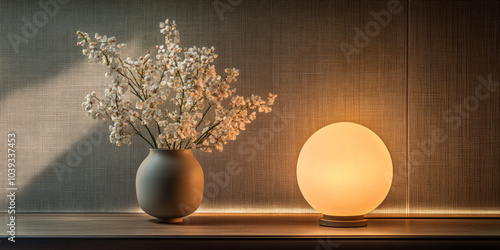 Cozy interior with a glowing lamp and a vase of flowers in a warm-toned setting