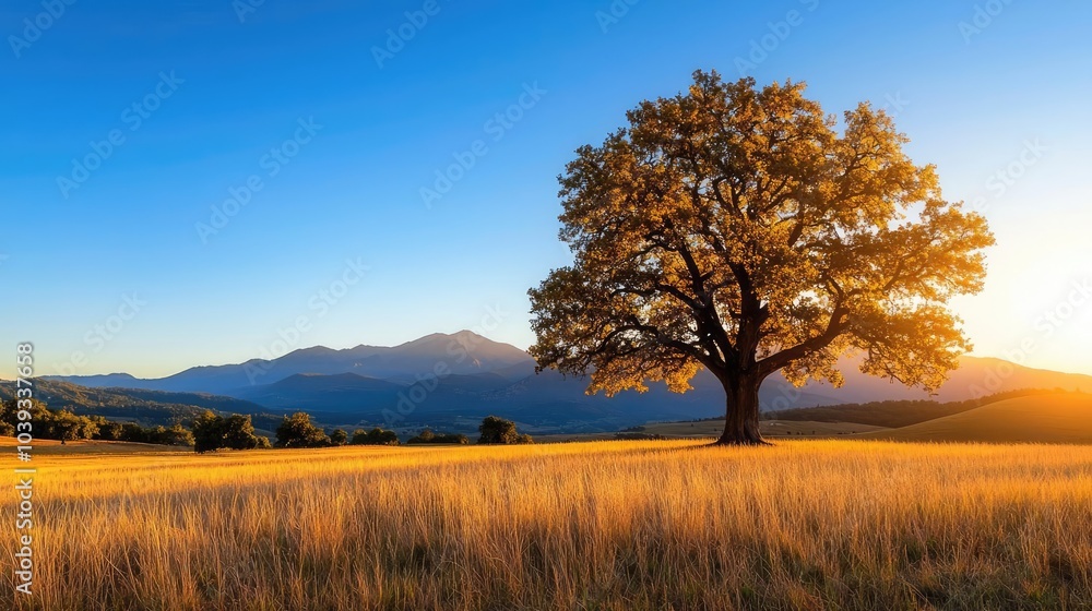 A majestic tree stands in a golden field under a sunset sky with mountains in the background. A majestic tree stands in a golden field under a sunset sky with mountains in the background.