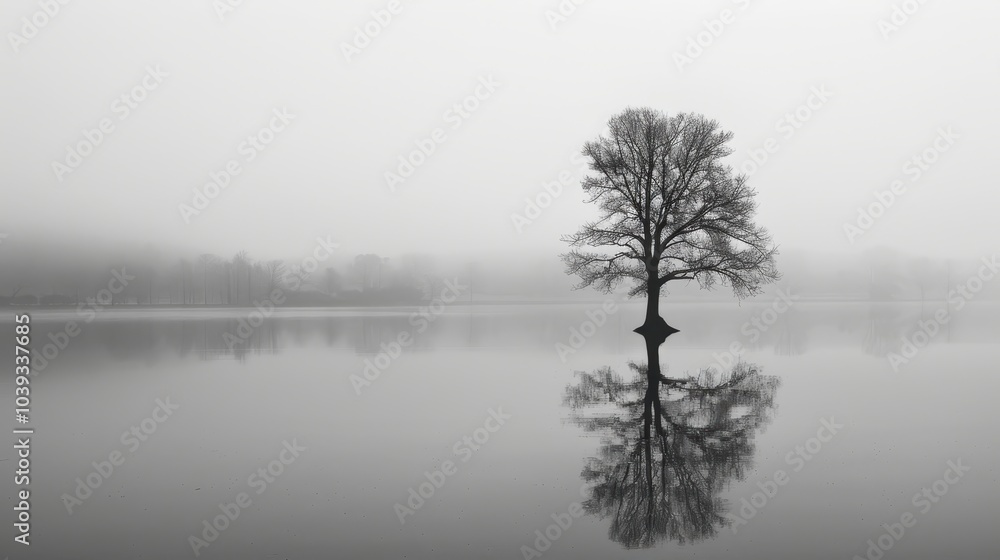 Serene Black and White Misty Landscape with Tree Reflection Serene Black and White Misty Landscape with Tree Reflection