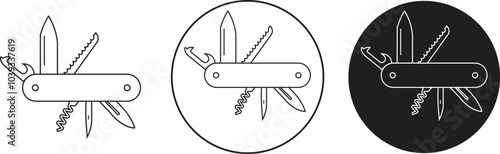 Swiss folding knife line icons Set. Army multitool jack knife instrument signs. Camping and multifunction pocket knife symbols isolated on transparent background. Camping mascot expedition equipment.