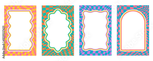 Wavy scallop border. Rectangle fun wavy chessboard frame. Cartoon hand drawn shapes for text picture and photo. Doodle groovy vector psychedelic template. Abstract funky y2k squiggle checkered bubble