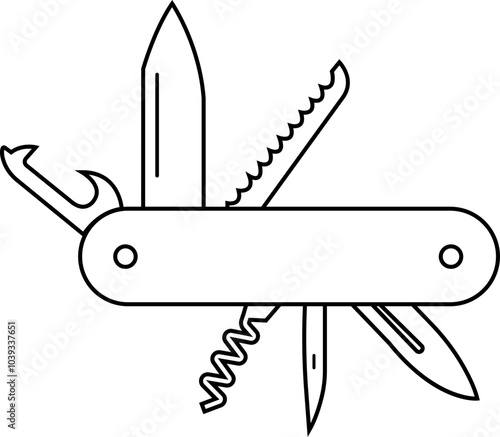 Swiss folding knife linear icon. Army multitool jack knife instrument sign. Camping and multifunction pocket knife symbol isolated on transparent background. Camping mascot expedition equipment.