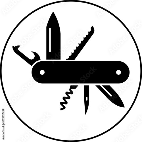 Swiss folding knife flat icon. Army multitool jack knife instrument sign. Camping and multifunction pocket knife symbol isolated on transparent background. Camping mascot expedition equipment.