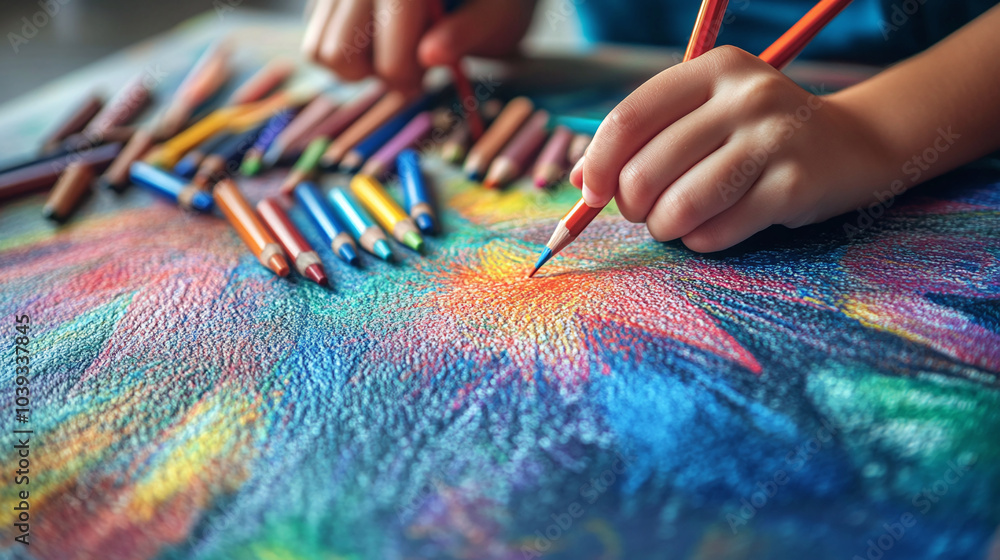 Close-up of a child’s artistic process, pencils and crayons spread out around them as they fill a drawing with color and creativity. Close-up of a child’s artistic process, pencils and crayons spread out around them as they fill a drawing with color and creativity.