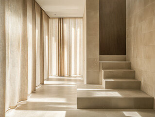 Natural light streaming through sheer curtains in a modern interior with minimalist staircase