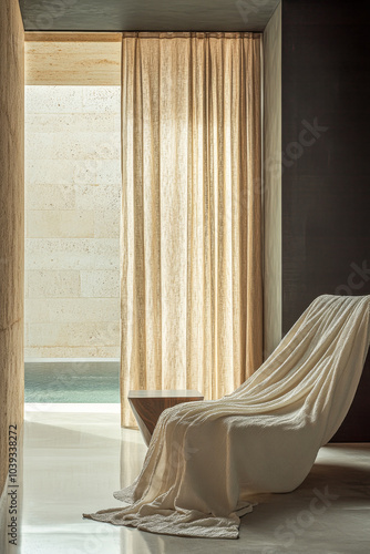 A cozy, modern lounge area with warm curtains and a soft blanket by a tranquil poolside in daylight