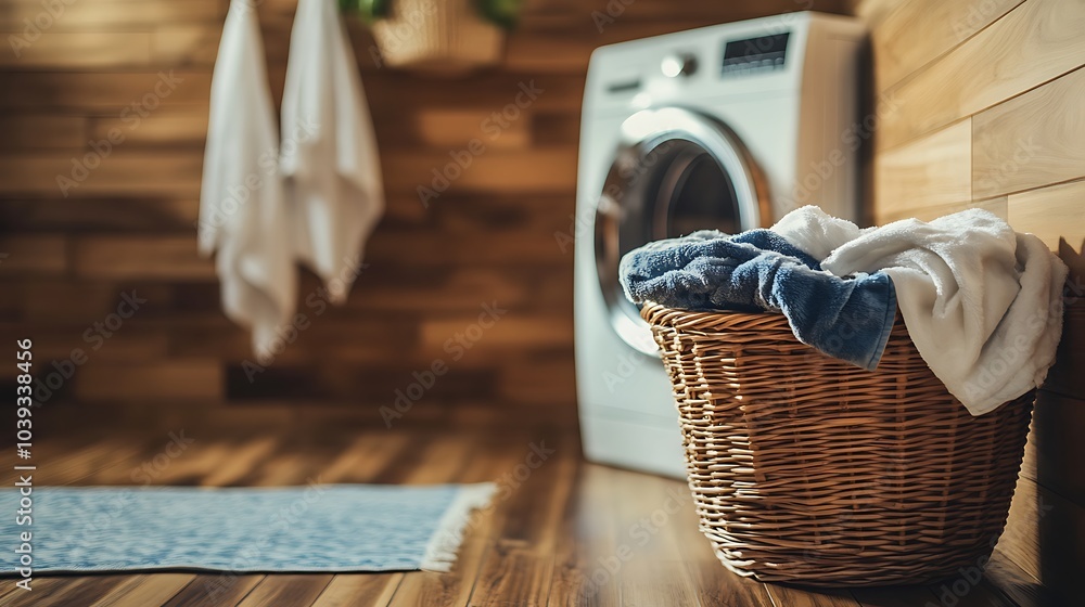 A wicker basket filled with laundry sits beside a washing machine in a wooden-paneled room. A wicker basket filled with laundry sits beside a washing machine in a wooden-paneled room.