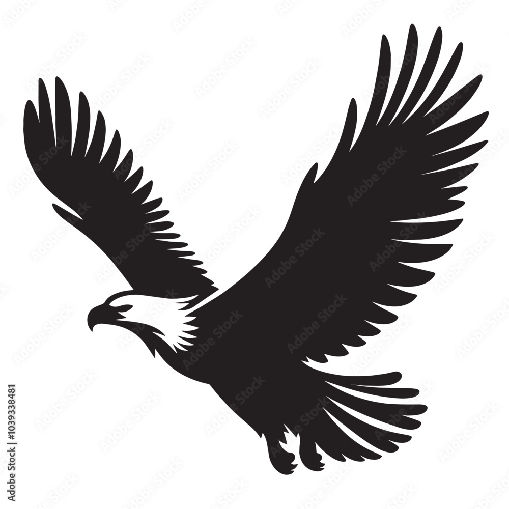 Fototapeta premium Black and white silhouette of a bald eagle in flight with wings spread.