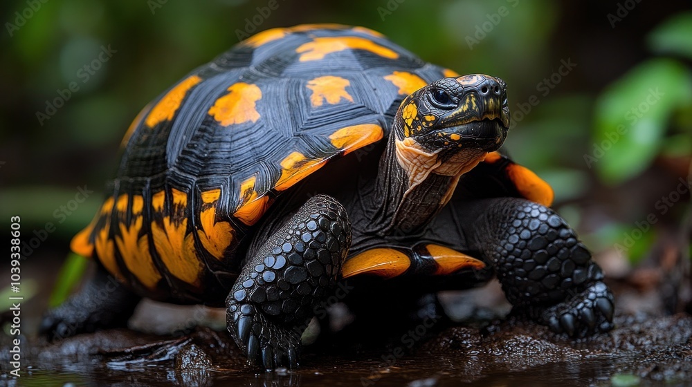 A vibrant turtle with orange and black shell in a natural setting. A vibrant turtle with orange and black shell in a natural setting.