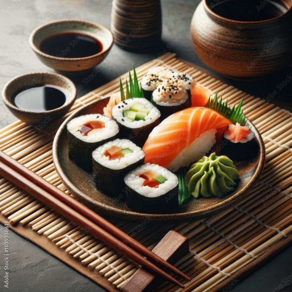 Sushi plate with soy sauce and chopsticks on a bamboo mat background for an authentic look Sushi plate with soy sauce and chopsticks on a bamboo mat background for an authentic look