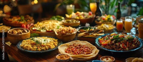 A table full of delicious food, including rice, tortillas, and other dishes.