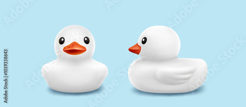 White rubber or plastic duck children toy for taking bath. Cute kids duckling front and side view. Realistic 3d vector illustration set of domestic animal toddler bathtime swim and float accessory.