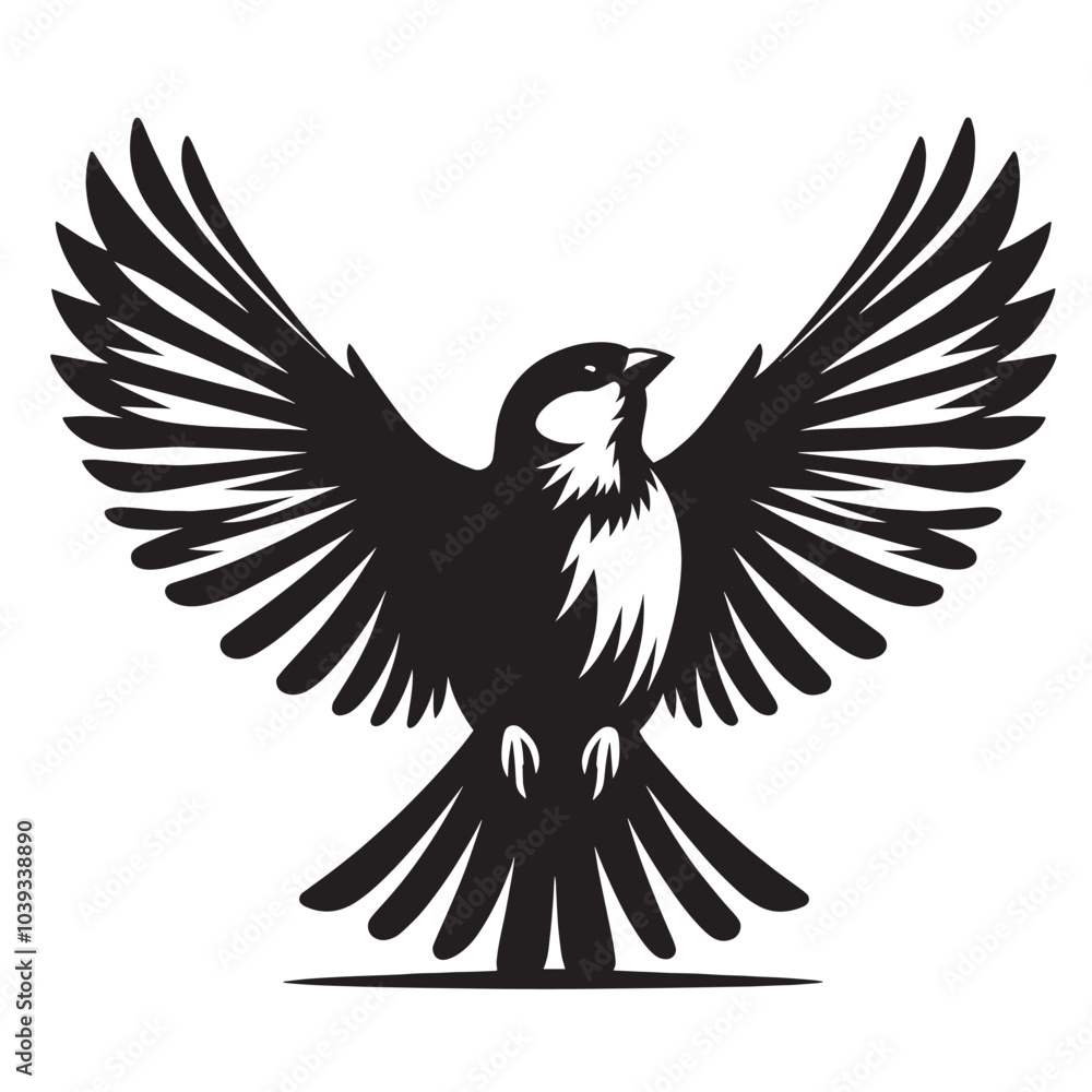 Obraz premium Black and white silhouette of a bird with wings outstretched.