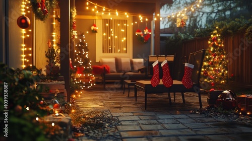 An empty scene featuring a lovely patio with Christmas lights, where personalized stockings are artfully arranged on patio furniture surrounded by holiday ornaments, 