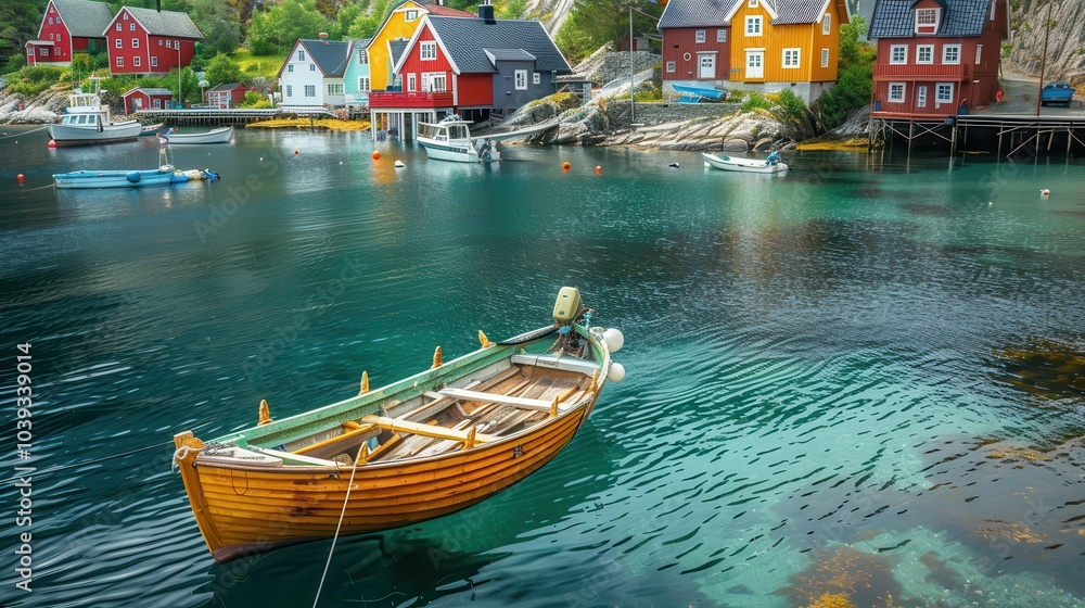 Obraz premium Traditional Wooden Fishing Boat in Small Harbor