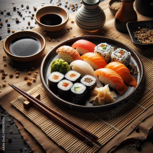 Sushi plate with soy sauce and chopsticks on a bamboo mat background for an authentic look photo