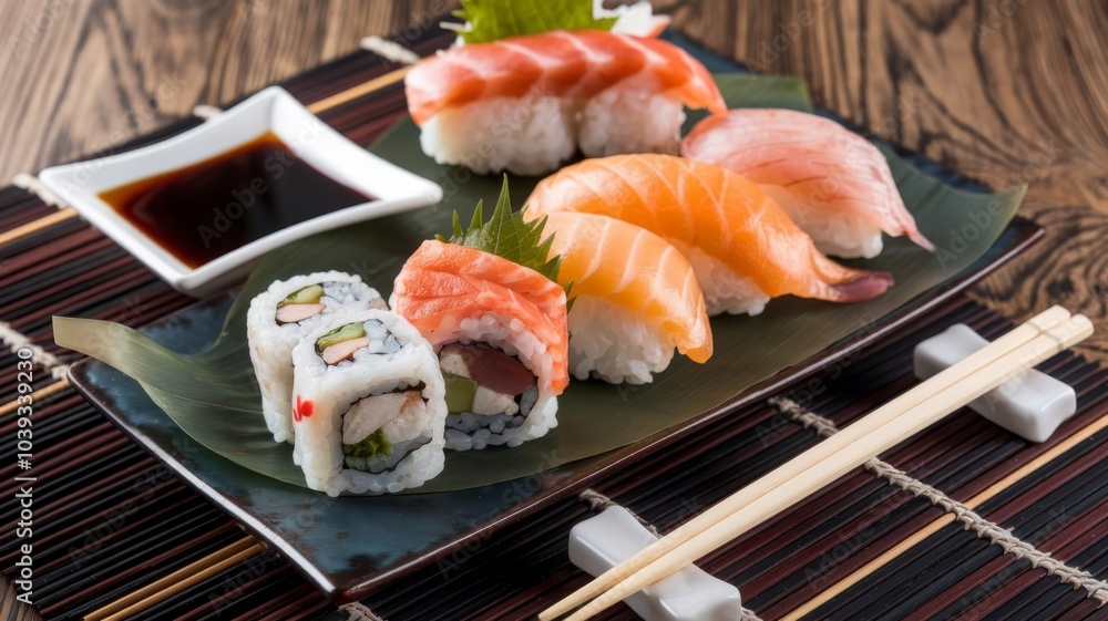 Sushi plate with soy sauce and chopsticks on a bamboo mat background for an authentic look Sushi plate with soy sauce and chopsticks on a bamboo mat background for an authentic look
