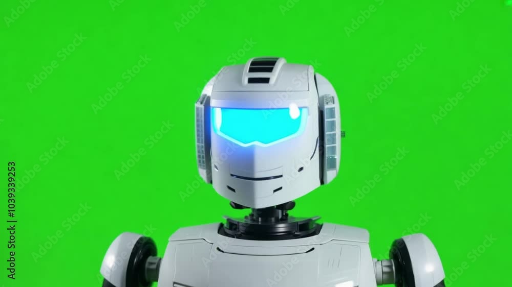 close-up of a modern robot featuring a bright blue visor on green background. generative ai close-up of a modern robot featuring a bright blue visor on green background. generative ai