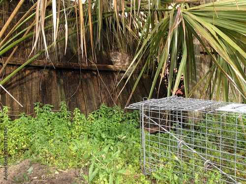 A feral cat sitting on a wooden fence under a palm tree; a live trap waiting to catch it so it can be spayed.  photo