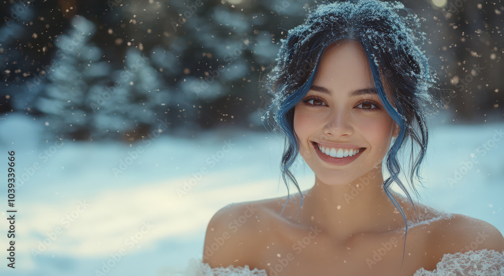beautiful woman with brown eyes and blue hair smiles warmly in snowy winter landscape, creating serene and joyful atmosphere