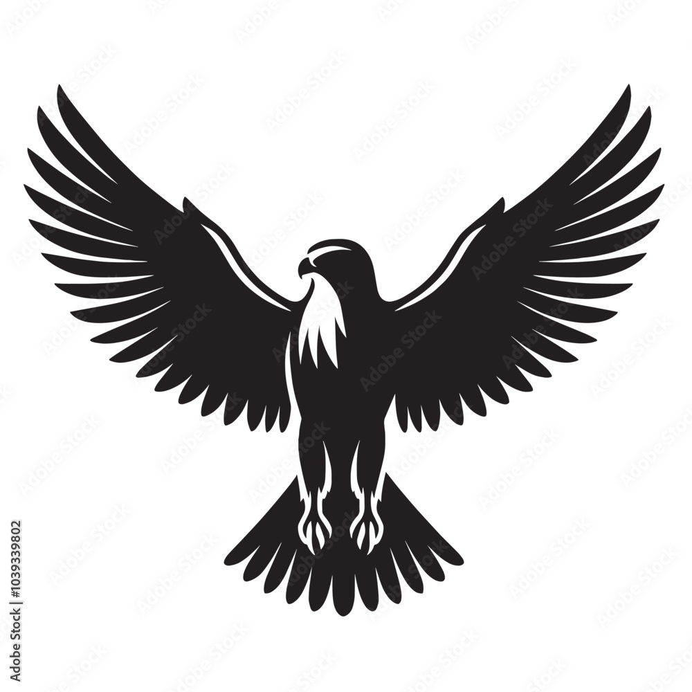 Fototapeta premium Black and white silhouette of a falcon with wings spread.