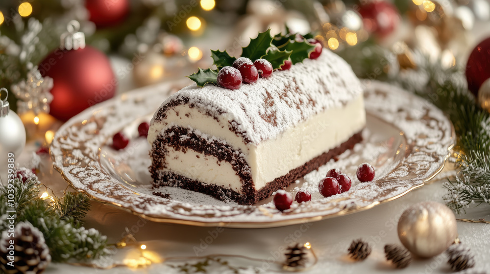 Classic yule log cake decorated with powdered sugar, holly, and cranberries Classic yule log cake decorated with powdered sugar, holly, and cranberries