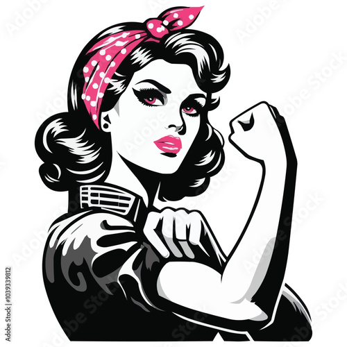 representation of a vintage-inspired woman with a pink headband and strong pose