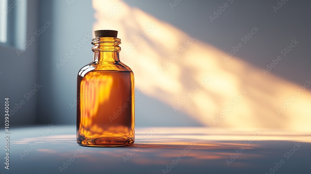 A glass bottle with olive oil and green olive twig on wooden table, blurred green outdoor background A glass bottle with olive oil and green olive twig on wooden table, blurred green outdoor background